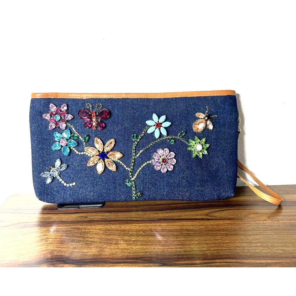 Mystique PURSE CLUTCH VINTAGE pronged RHINESTONEs denim WRISTLET 14.5x8" rare